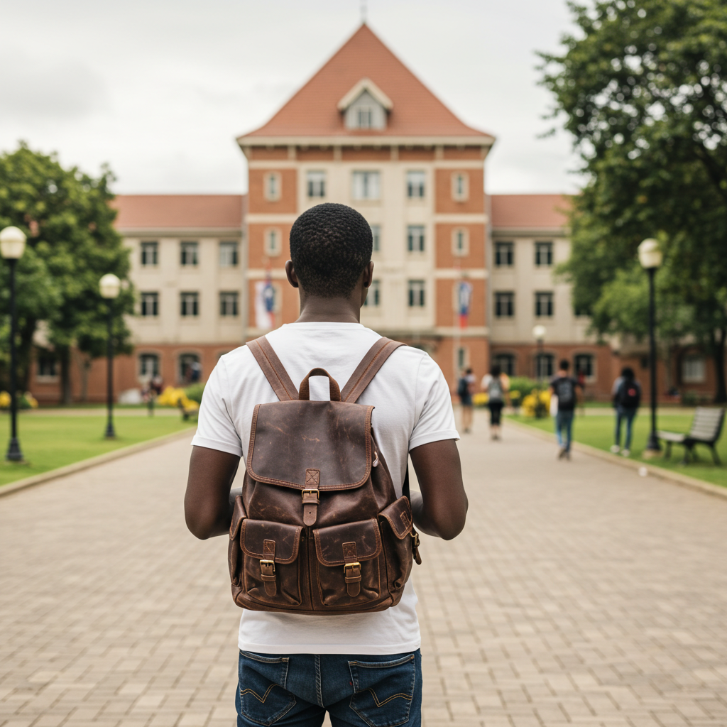 Student with a backpack looking at a university campus